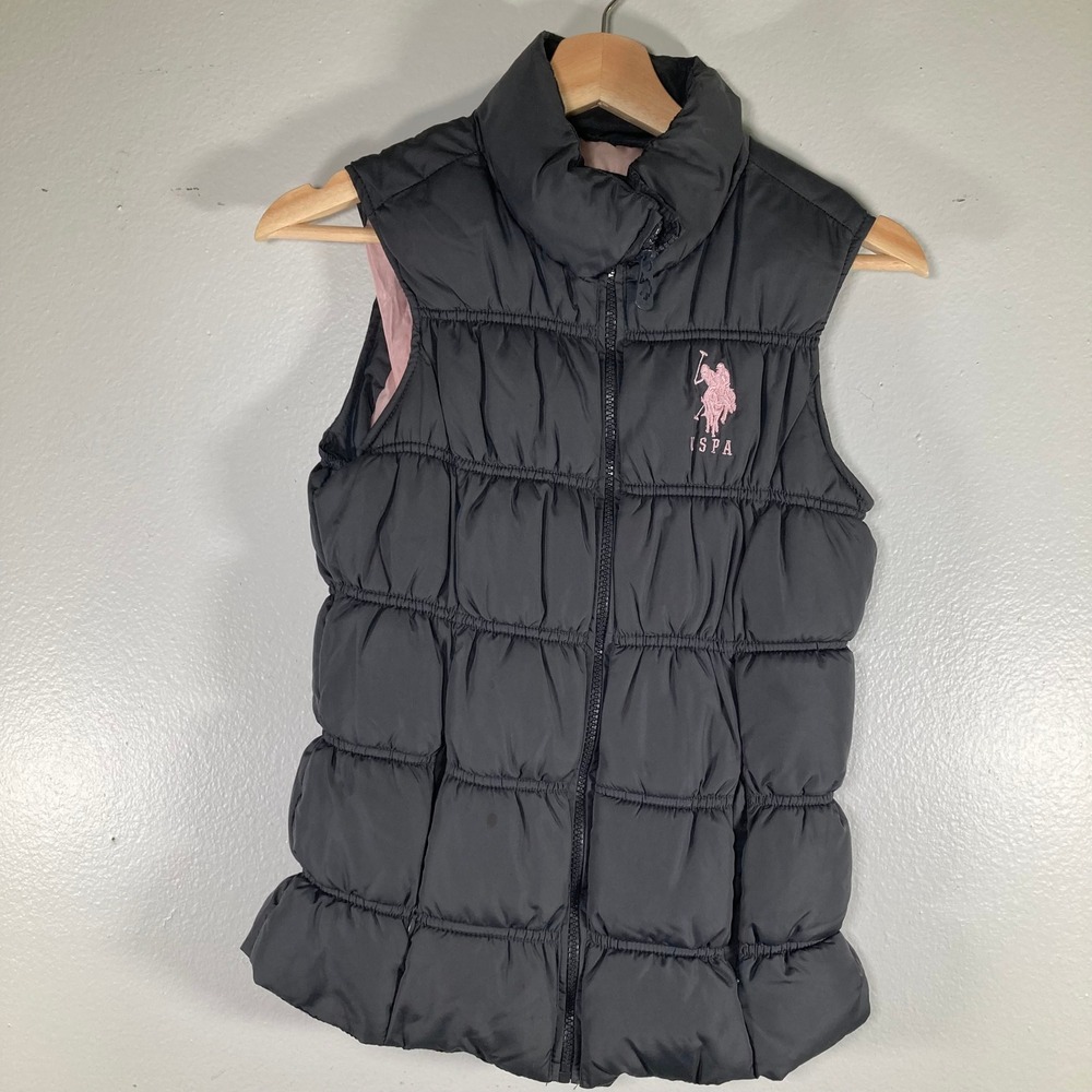 US Polo Assn Womens M Puffer Vest Gray Pink Polka Dot Lining Logo Size Medium